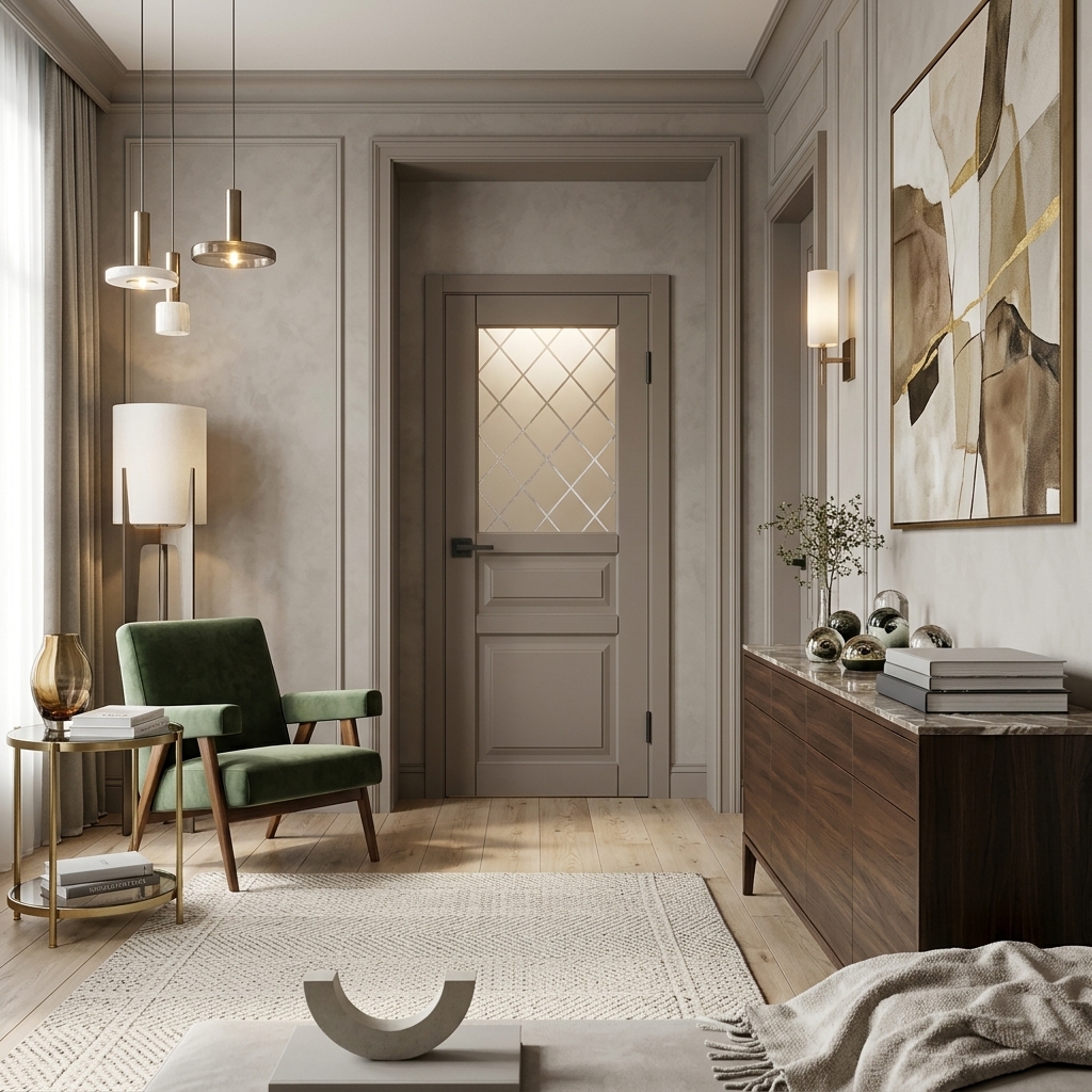 Светлый коридор квартиры с межкомнатными дверями в единой палитре
