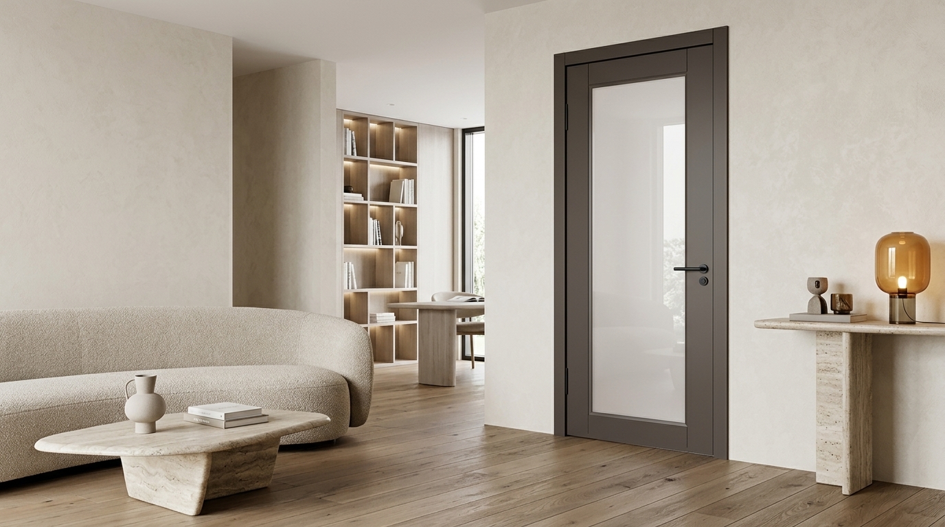 Легкая стеклянная перегородка и светлый интерьер спальни